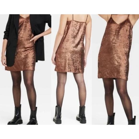 A New Day Slip Dress Copper Bronze Metallic Crushed Velvet VNeck Size L NWT - Picture 1 of 12